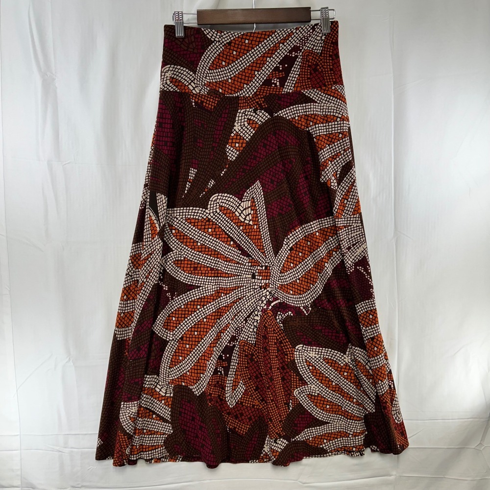 Coco Bianco Maxi Skirt Womens Medium Brown Orange Mosaic Floral A-Line Stretch